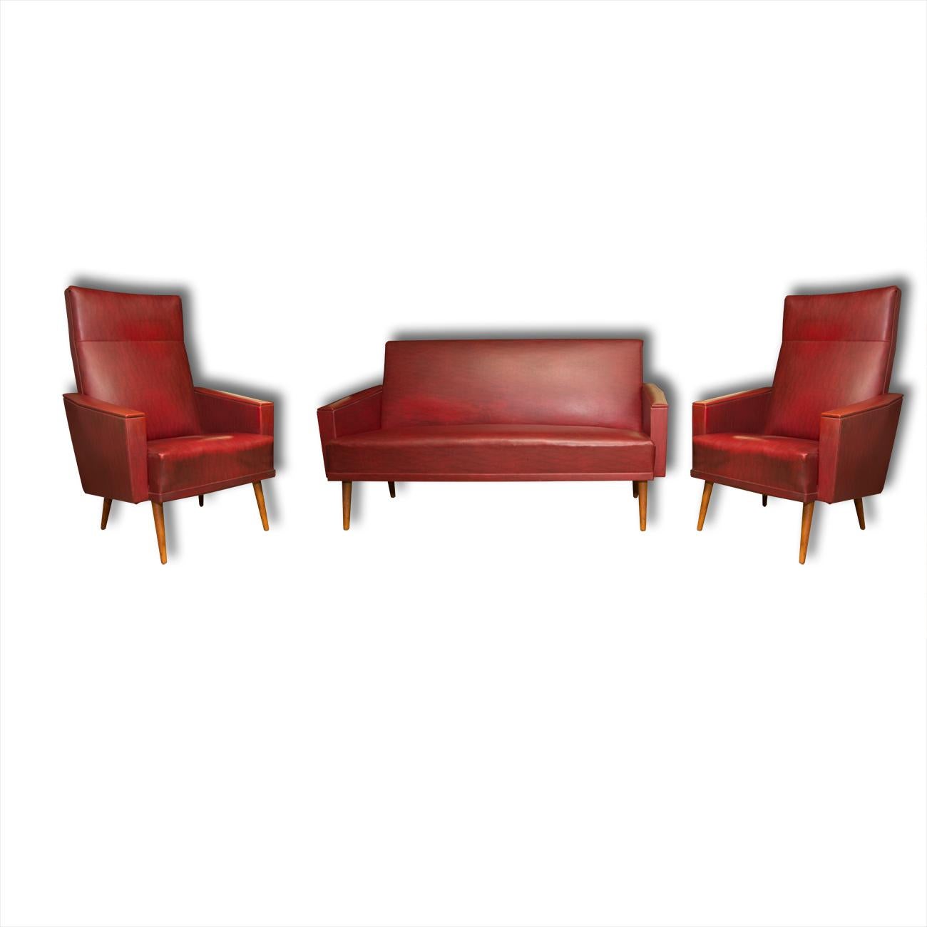 These lounge or office armchairs were made in the former Czechoslovakia in the 1960s. They are covered with burgundy leatherette. The legs are made of beech. In very good original condition. Price is for the pair.

 