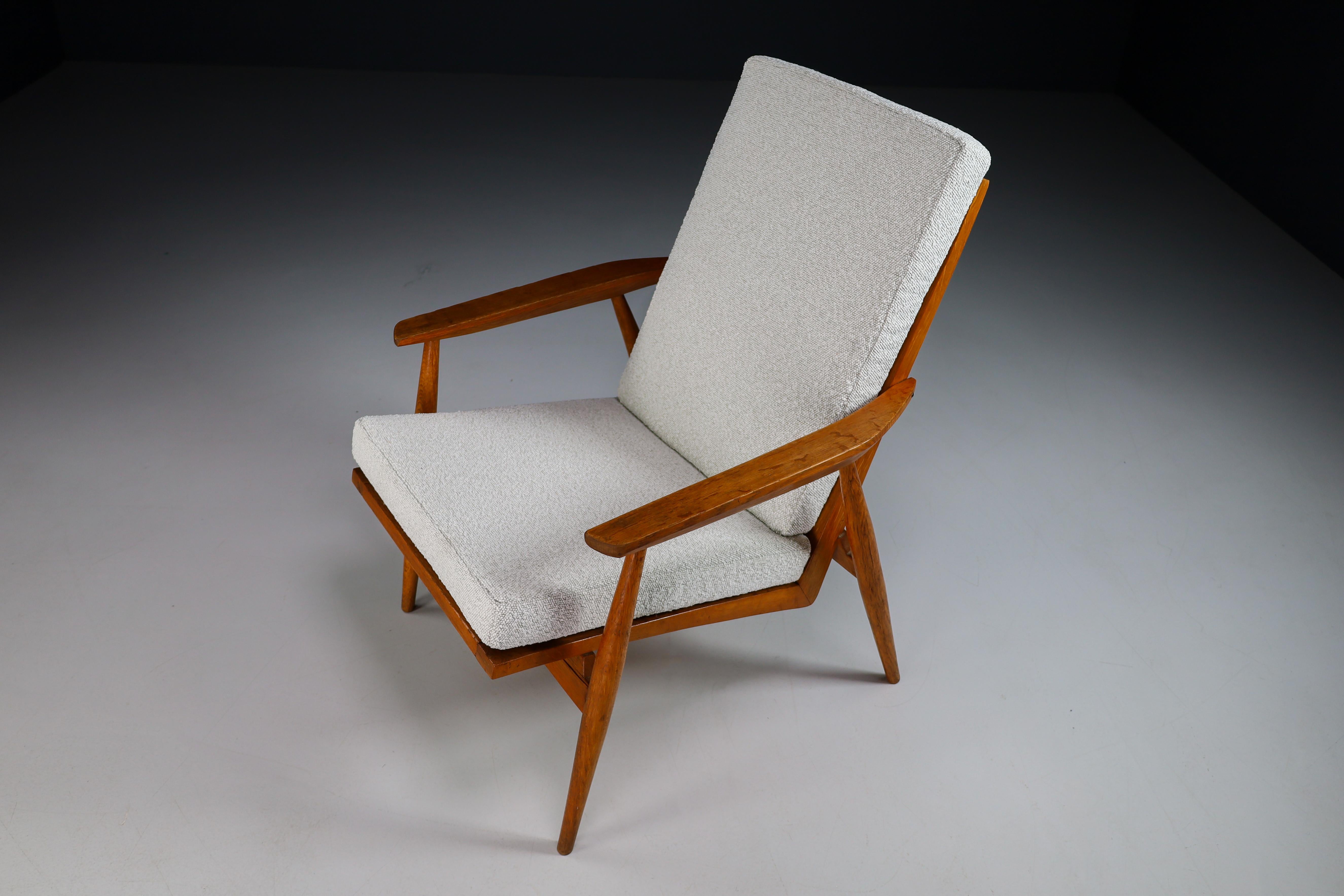 20th Century Midcentury Armchairs in Oak & Reupholstered in Bouclé Fabric France '50s