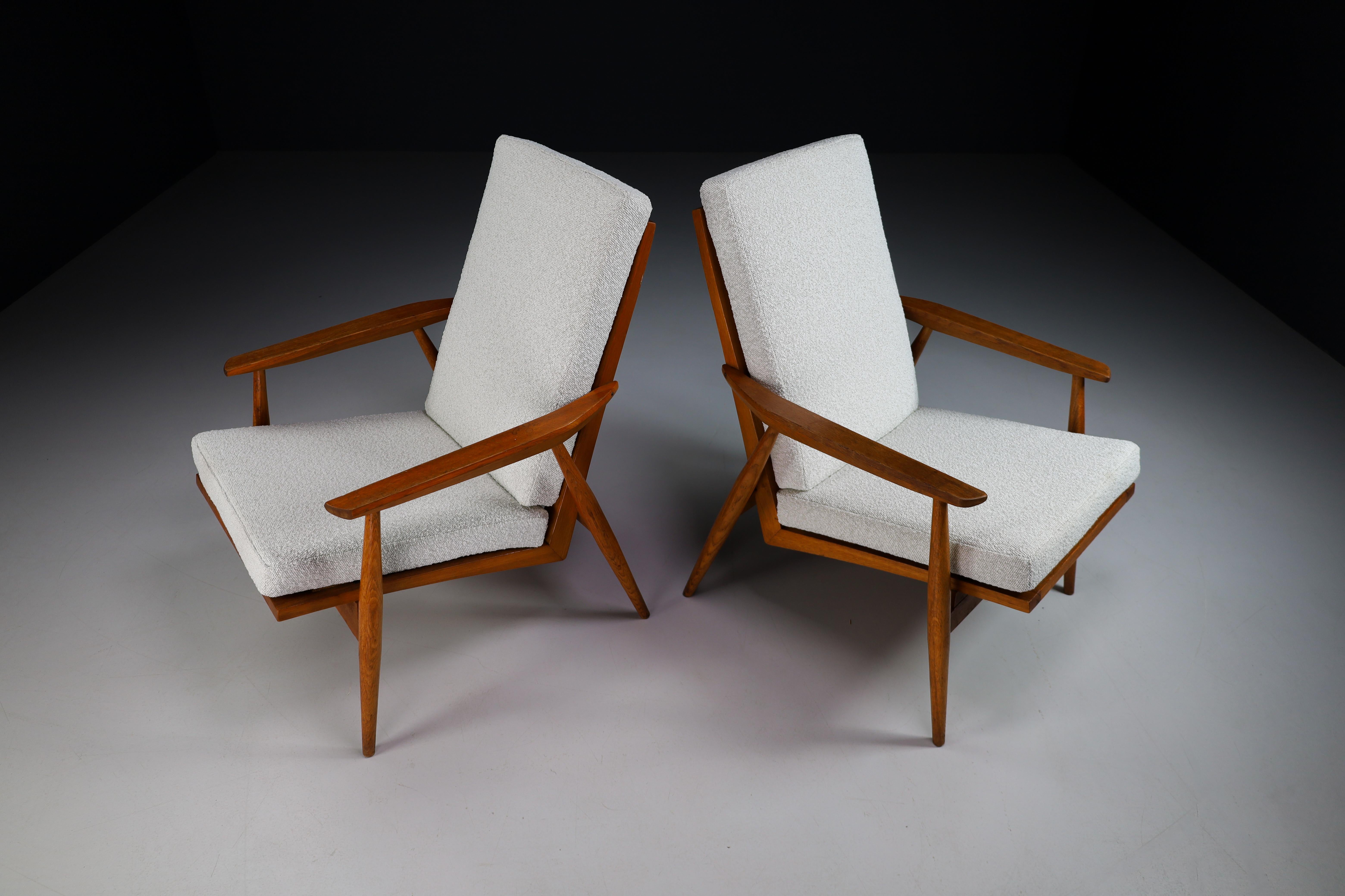 Midcentury Armchairs in Oak & Reupholstered in Bouclé Fabric France '50s 3