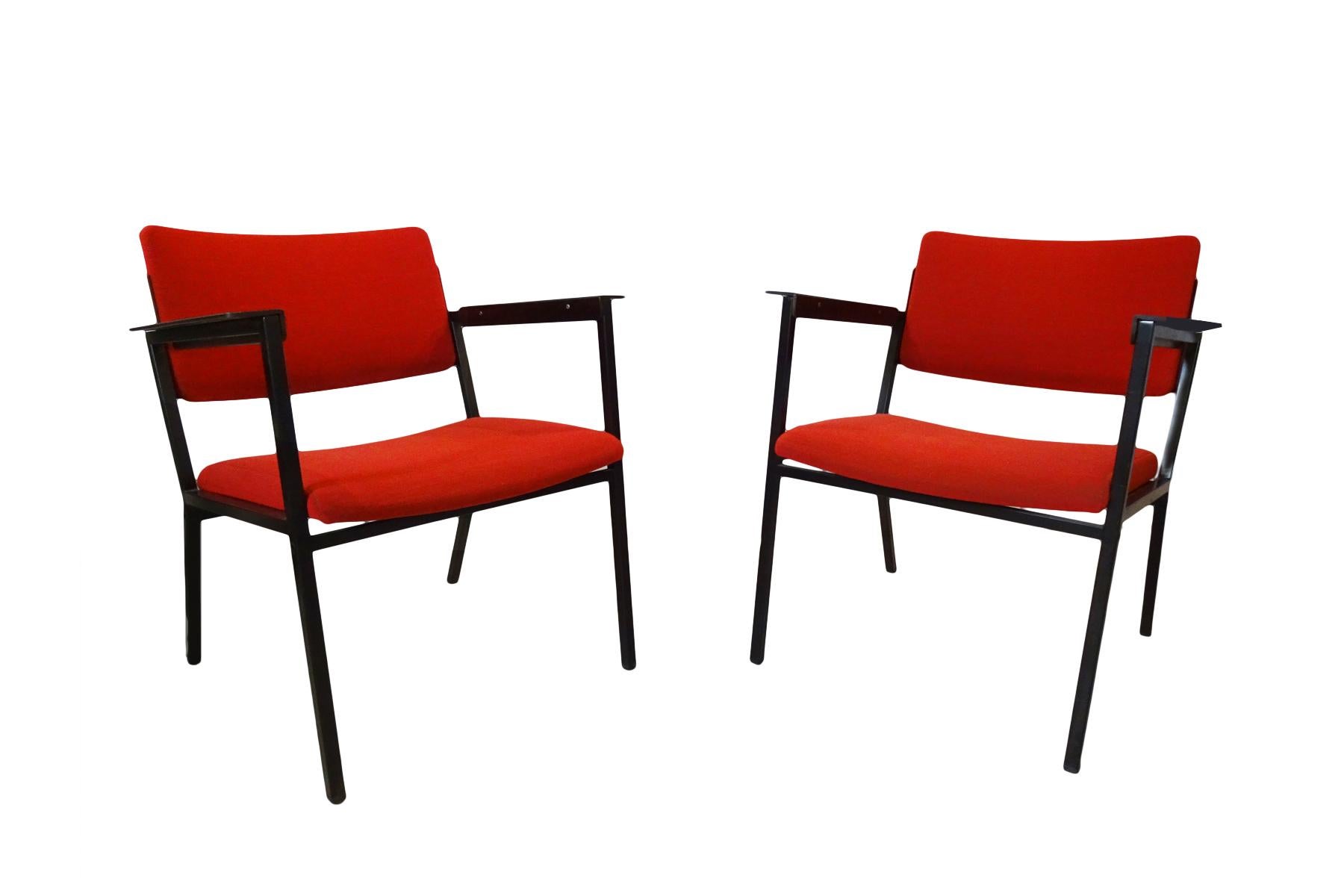 Vintage midcentury steel and red fabric armchairs in the style of Gijs van der Sluis

A pair of stylish vintage, midcentury steel and red fabric armchairs in the style of Gijs van der Sluis.
Unfortunately there are no markings on these chairs