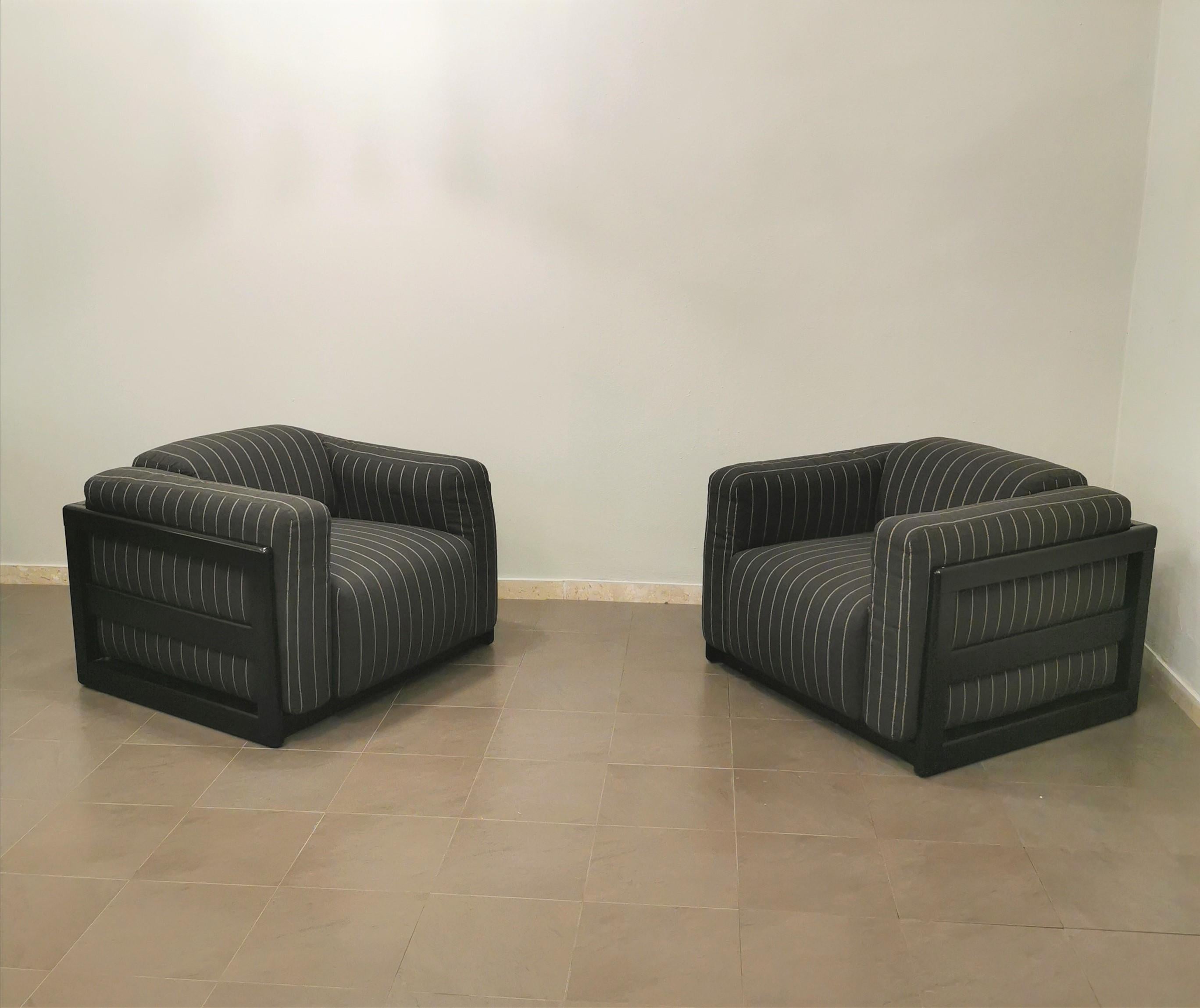 Mid-Century Modern Armchairs Living Room Wood Black Fabric by Bernini Midcentury 1978s Set of 2