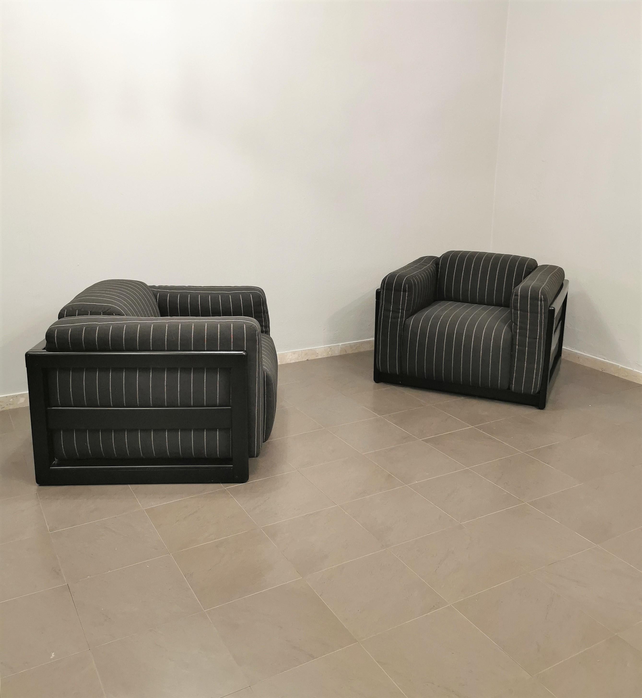 Armchairs Living Room Wood Black Fabric by Bernini Midcentury 1978s Set of 2 In Good Condition In Palermo, IT