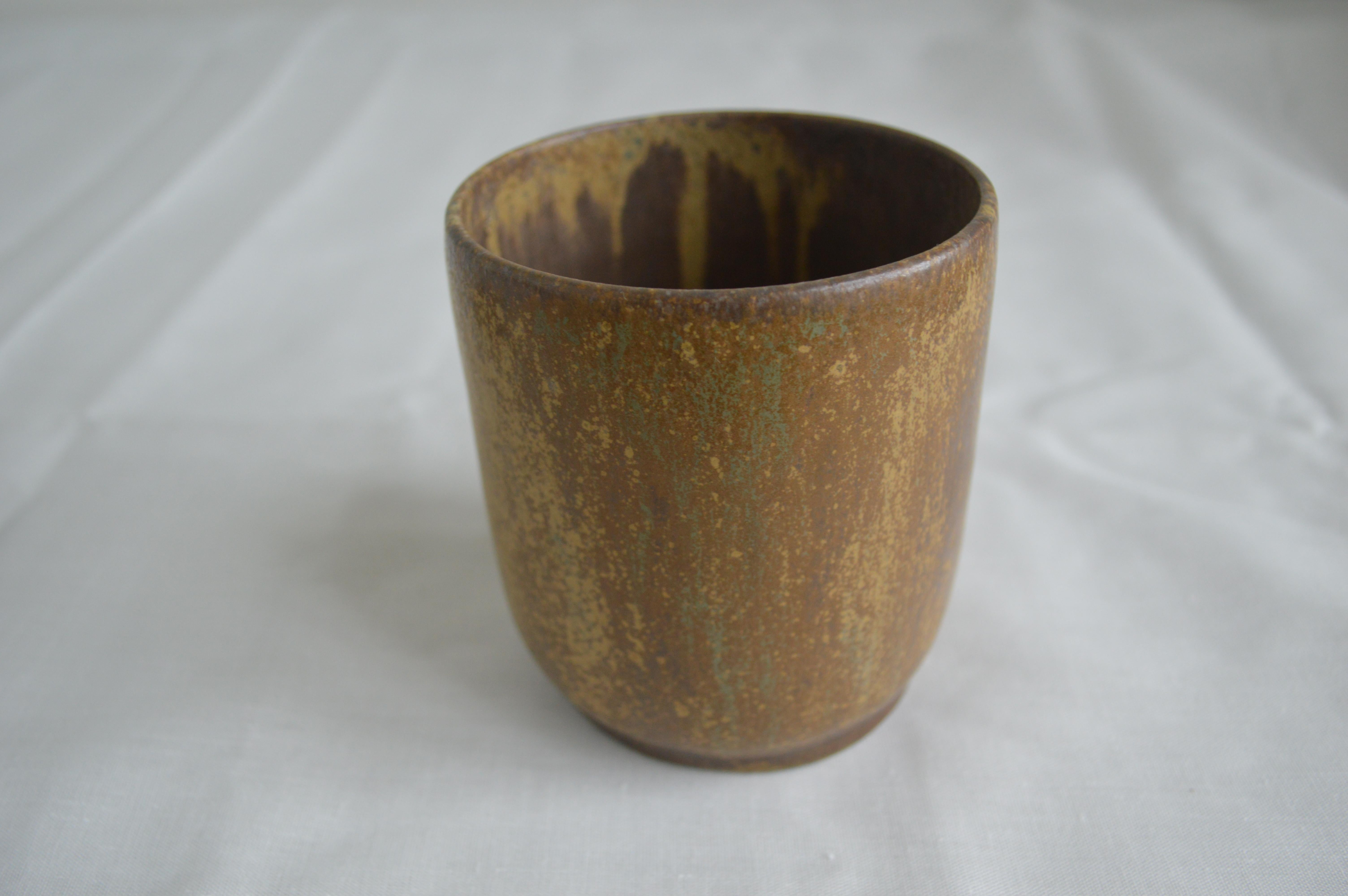 Midcentury Arne Bang yellow brown stoneware Bojan jar with floral motive.