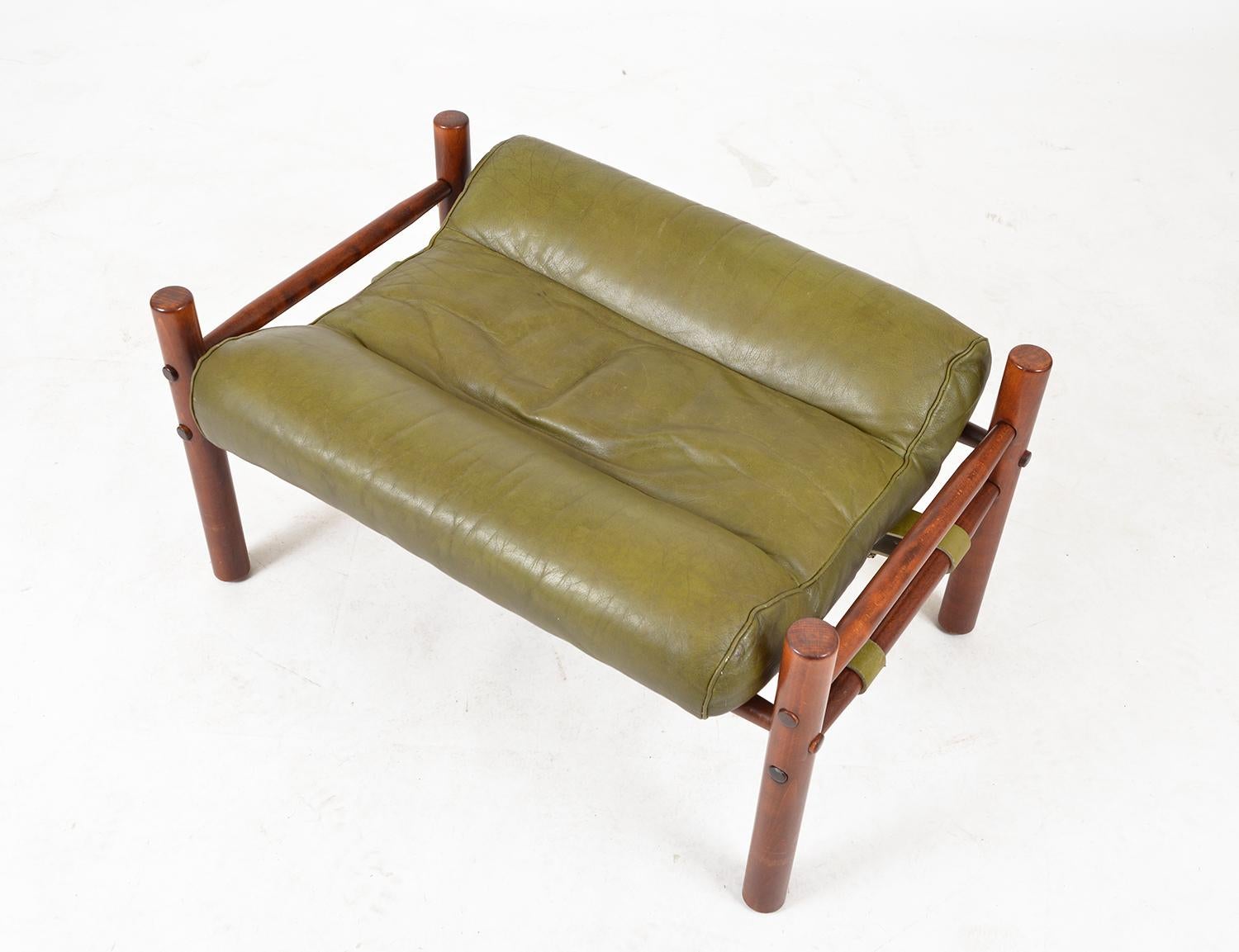 Stained Midcentury Arne Norell Inca Footstool Ottoman Beech Green Leather Swedish 1960s