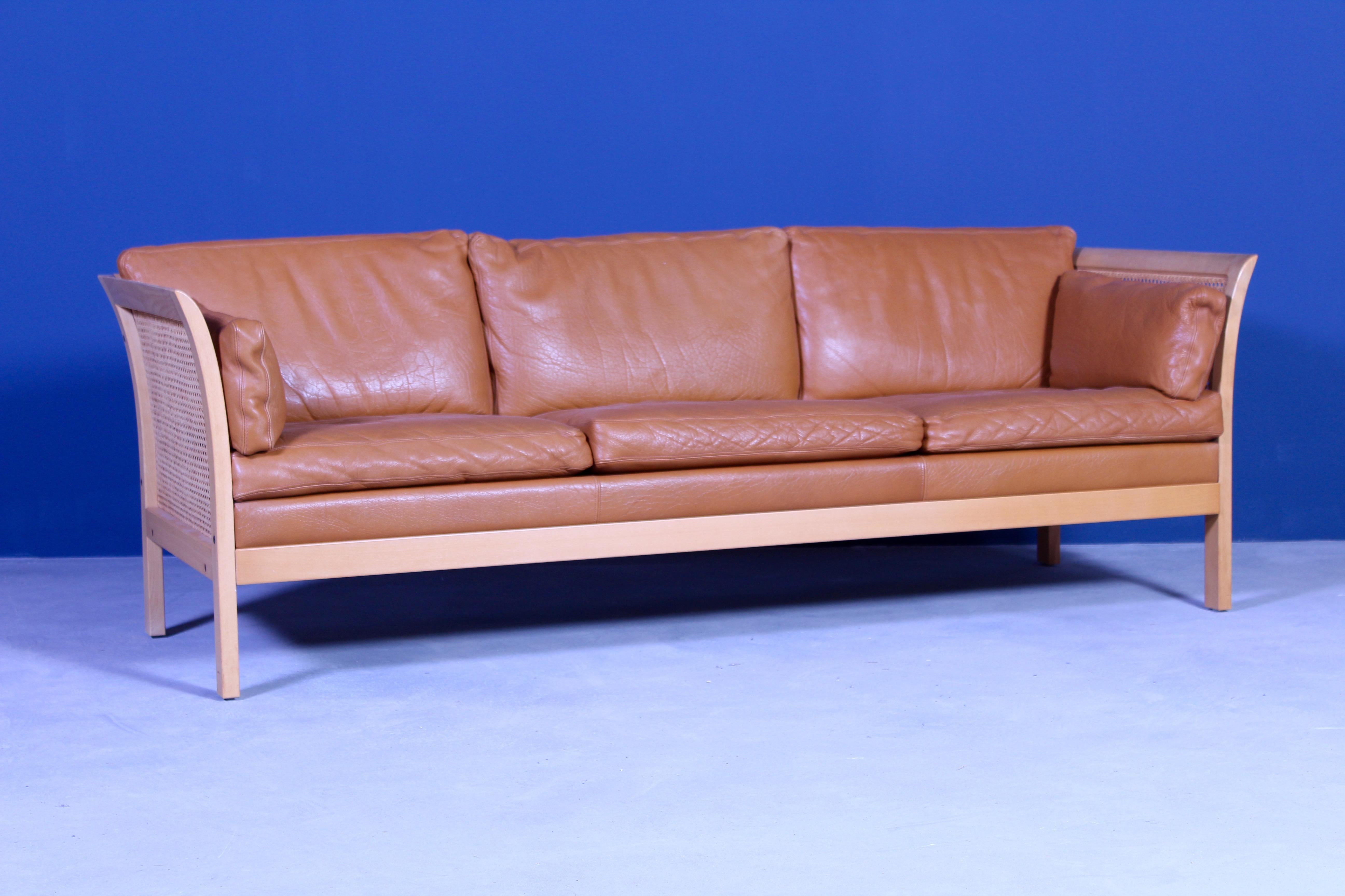 Scandinavian Modern Midcentury Arne Norell Rattan and Leather Sofa For Sale