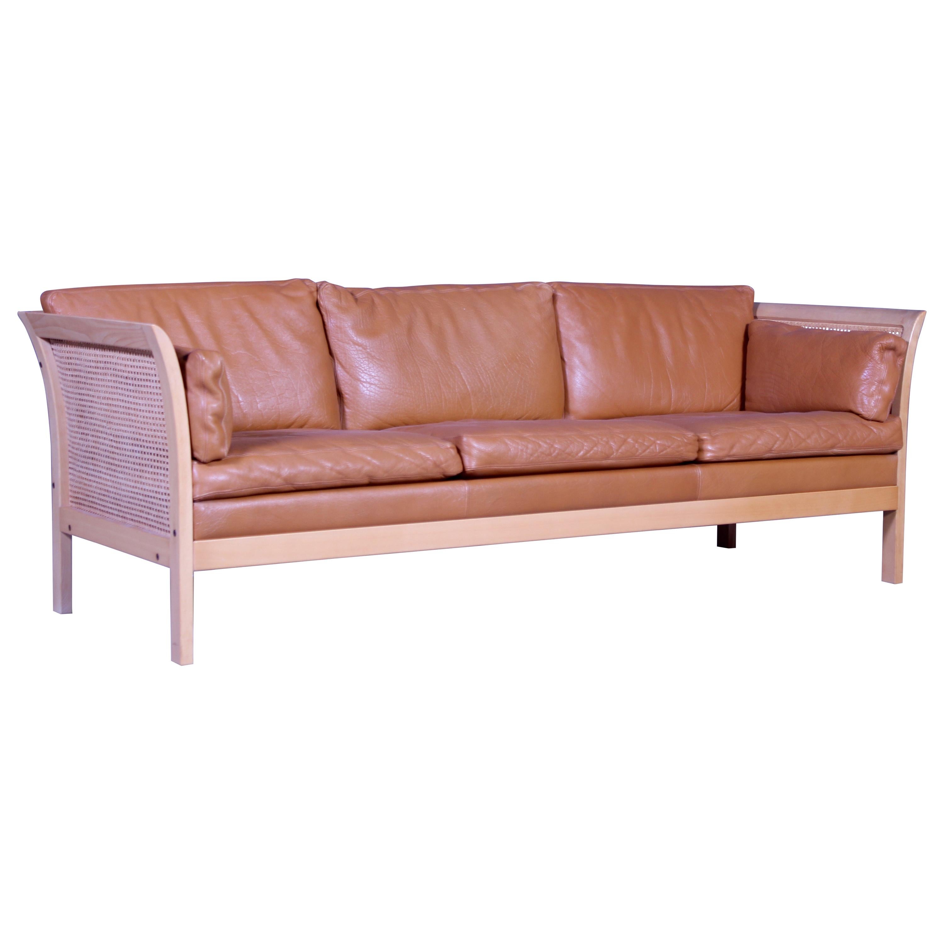 Midcentury Arne Norell Rattan and Leather Sofa For Sale