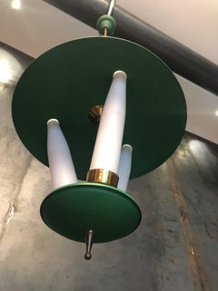 Midcentury Arredoluce Brass, Lacquer and Opaline Glass Pendant Lamp
