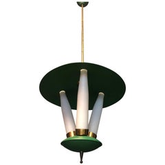Midcentury Arredoluce Brass, Lacquer and Opaline Glass Pendant Lamp