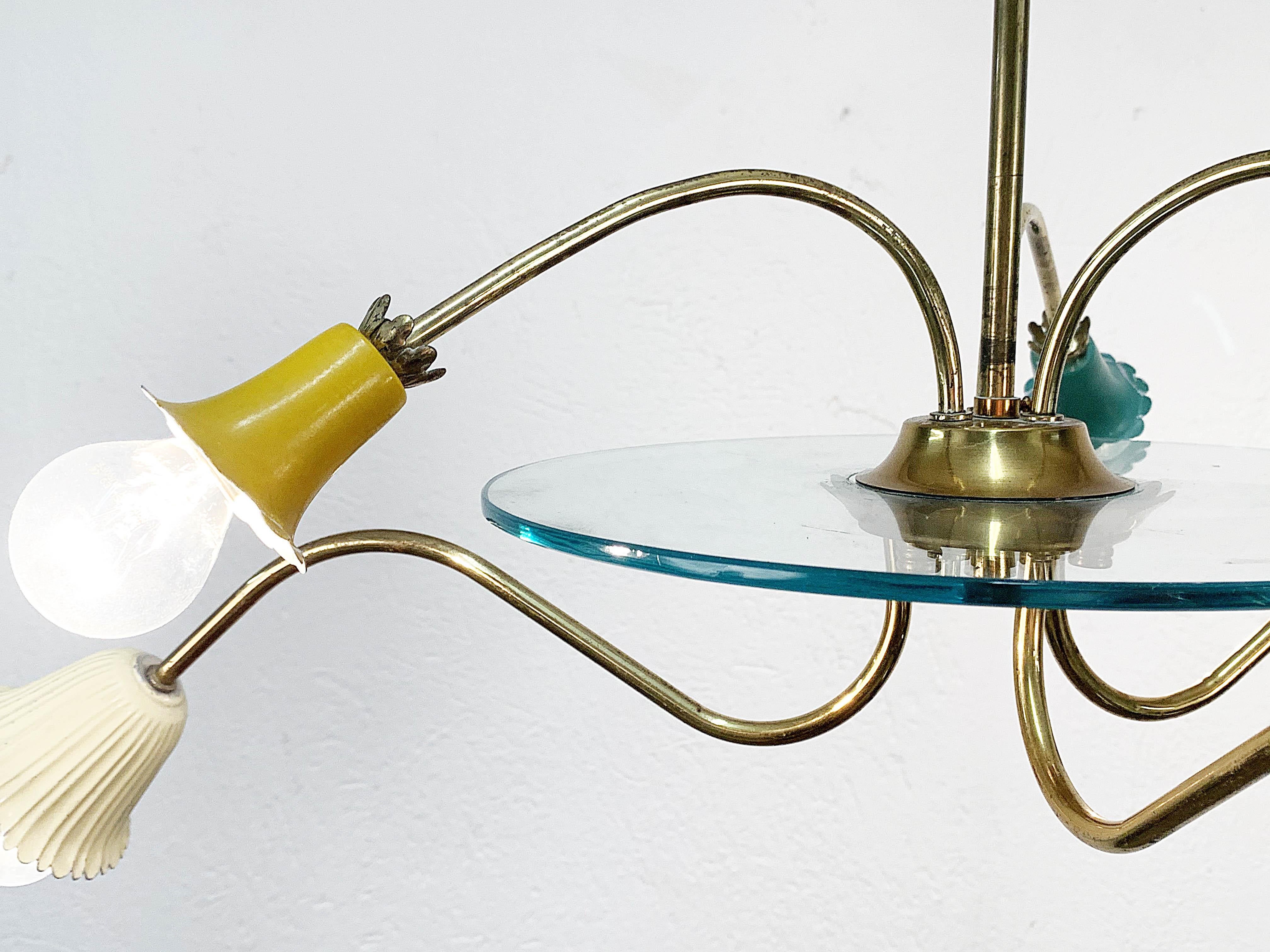 Midcentury Arredoluce Colored Enameled Brass Italian Chandelier, 1950s 12