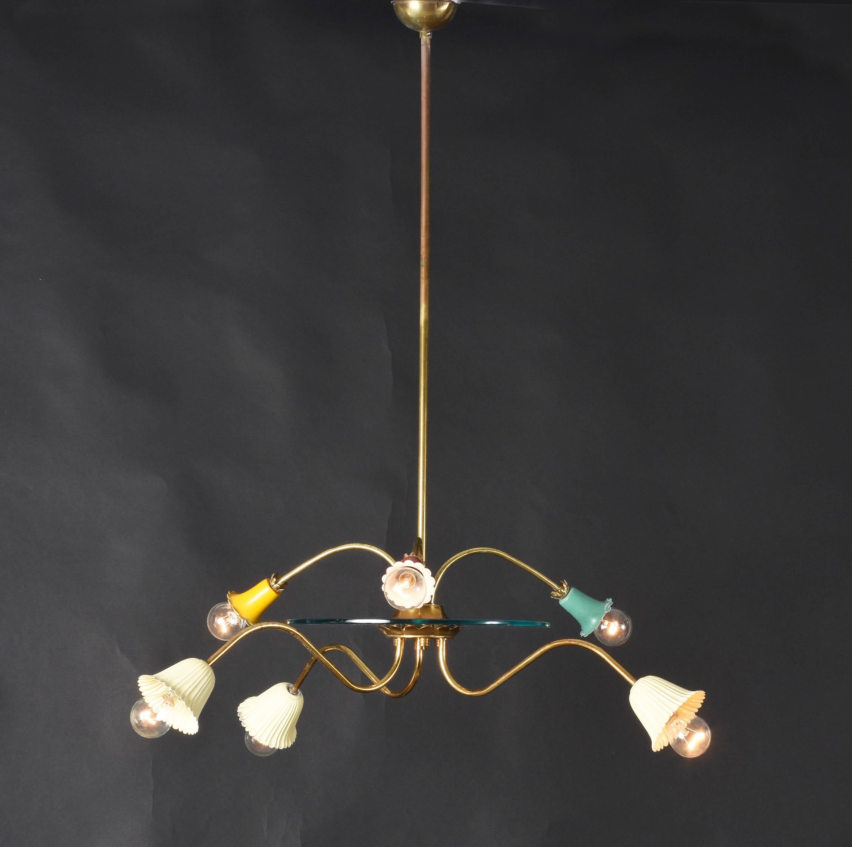Midcentury Arredoluce Colored Enameled Brass Italian Chandelier, 1950s In Good Condition In Roma, IT