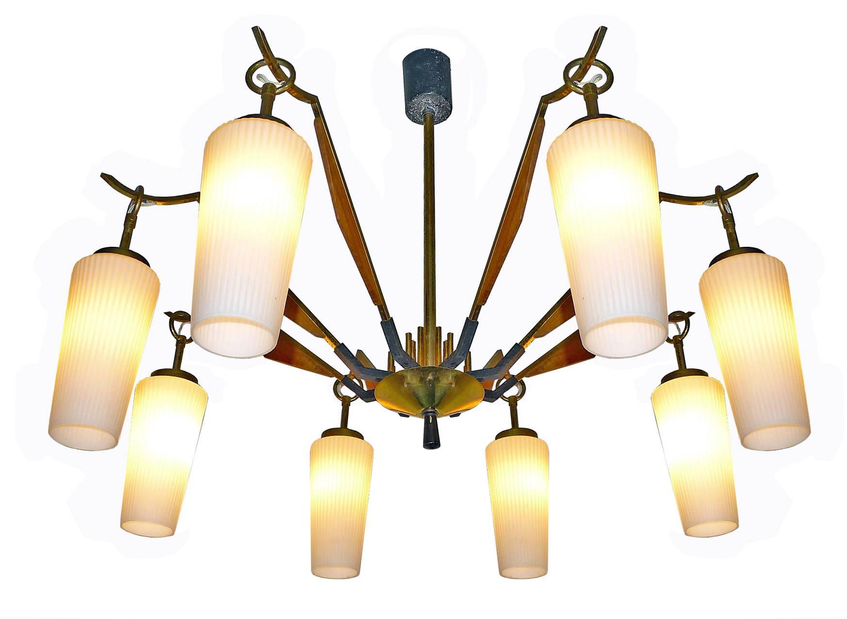 Mid-Century Modern Midcentury Arredoluce or Stilnovo Teak & Opaline Eight-Arm Spider Chandelier