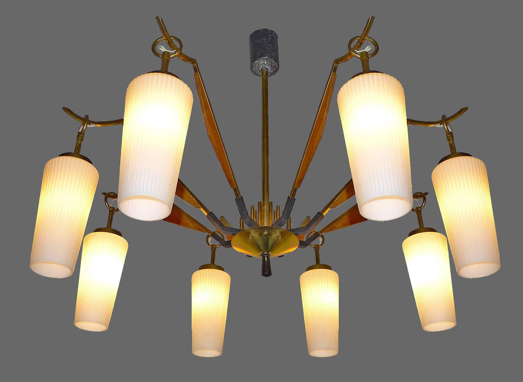 Italian Midcentury Arredoluce or Stilnovo Teak & Opaline Eight-Arm Spider Chandelier