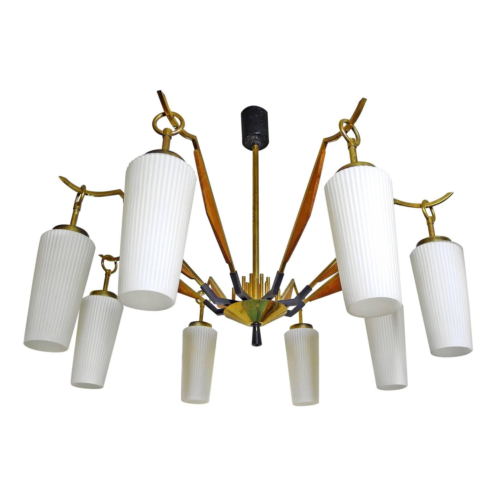 Midcentury Arredoluce or Stilnovo Teak & Opaline Eight-Arm Spider Chandelier