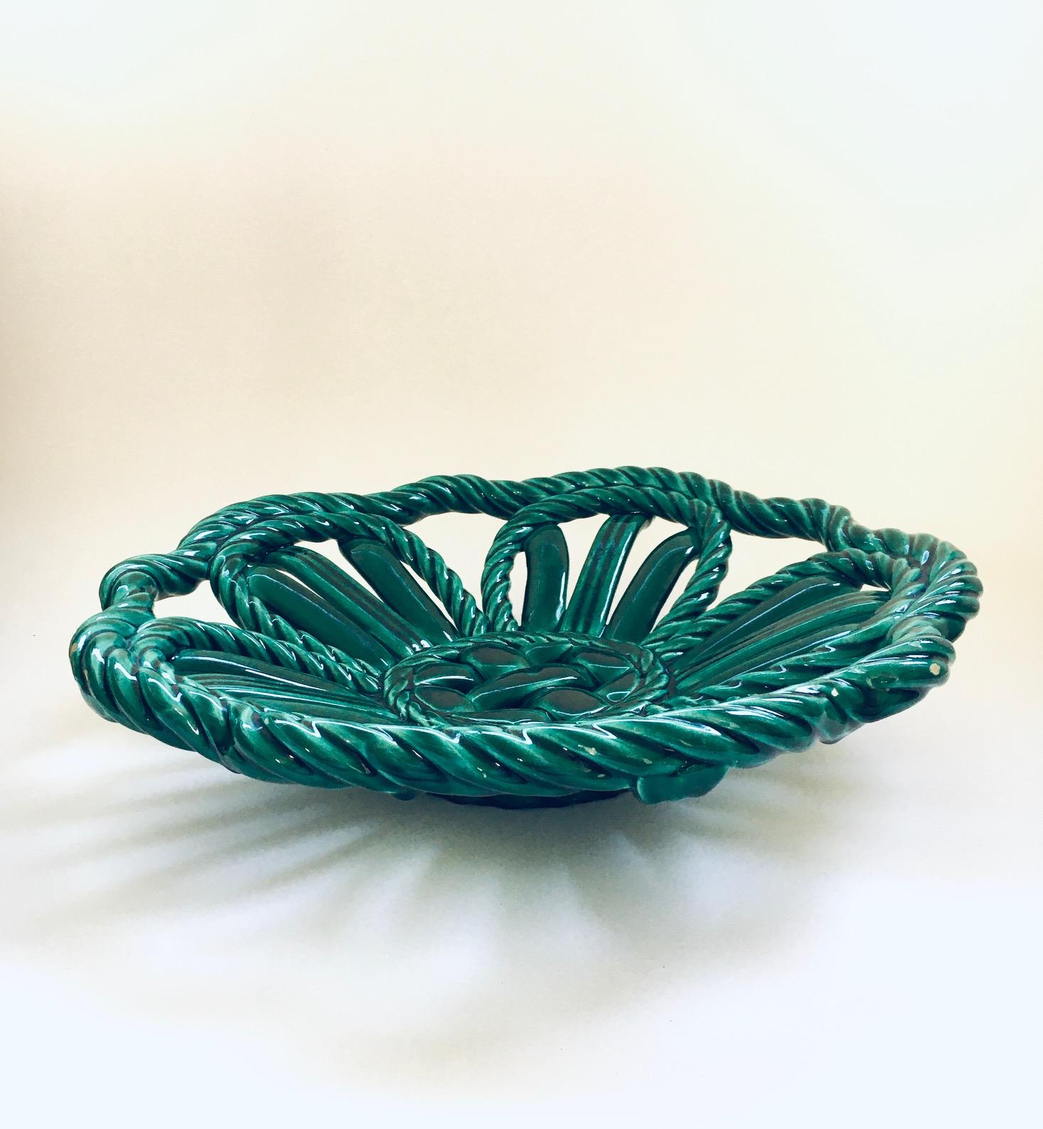 Mid-Century Modern Midcentury Art Ceramics Green Braided Woven Bowl by Vallauris, France 1950's For Sale