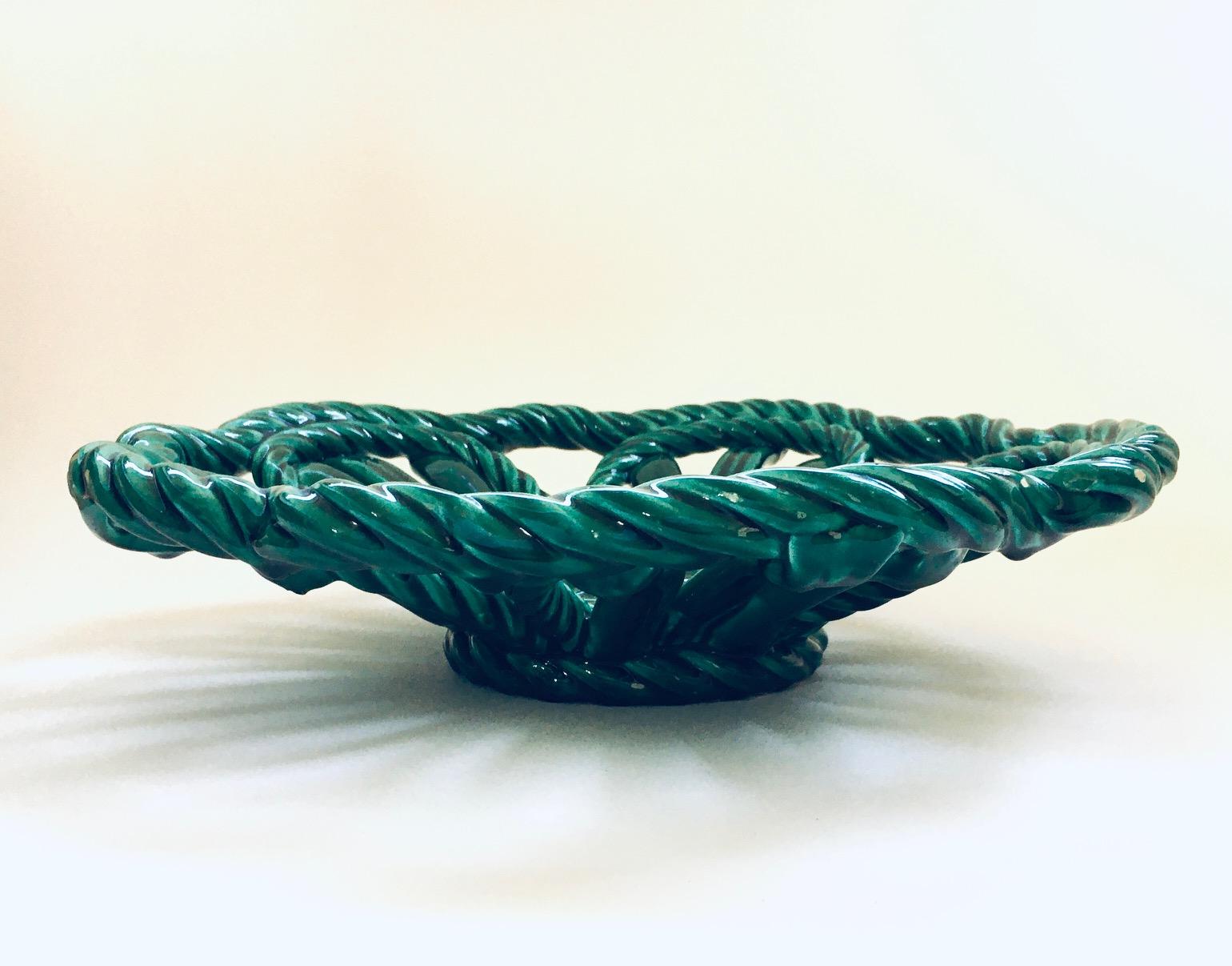 French Midcentury Art Ceramics Green Braided Woven Bowl by Vallauris, France 1950's For Sale
