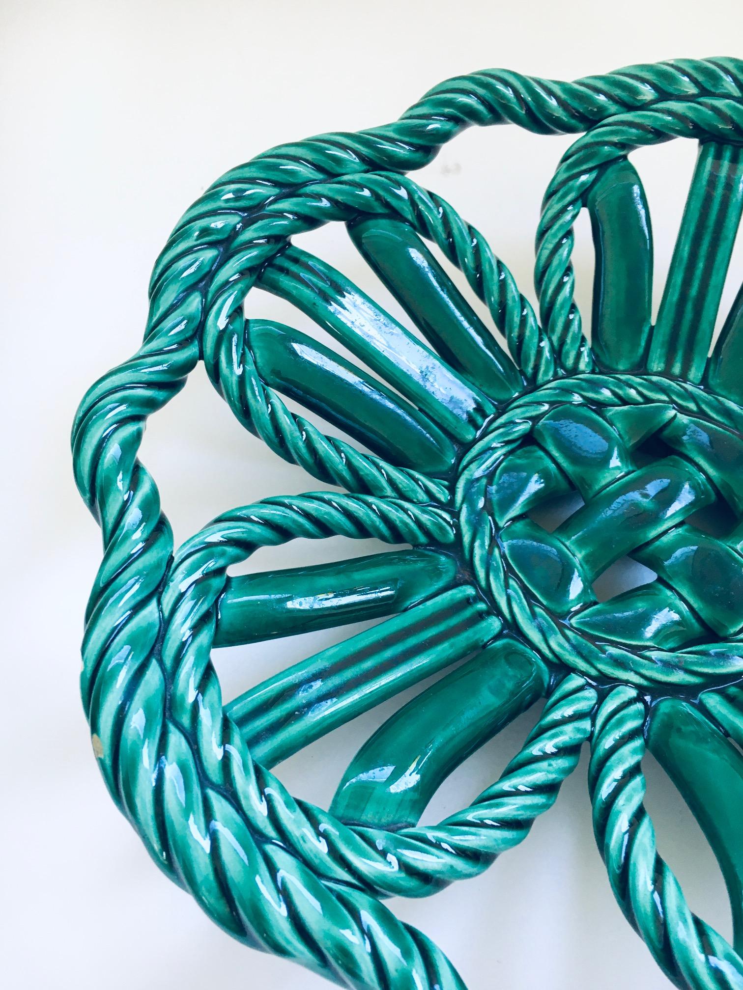 Mid-20th Century Midcentury Art Ceramics Green Braided Woven Bowl by Vallauris, France 1950's For Sale