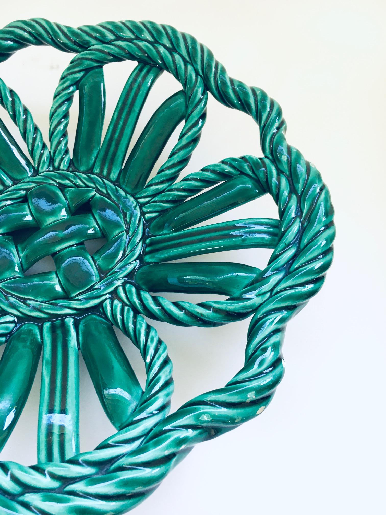 Midcentury Art Ceramics Green Braided Woven Bowl by Vallauris, France 1950's For Sale 1