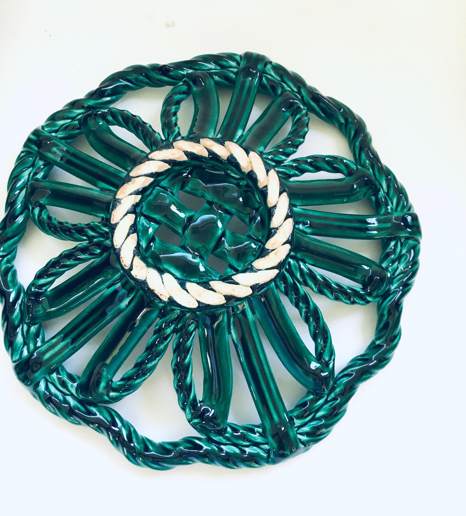 Midcentury Art Ceramics Green Braided Woven Bowl by Vallauris, France 1950's For Sale 2