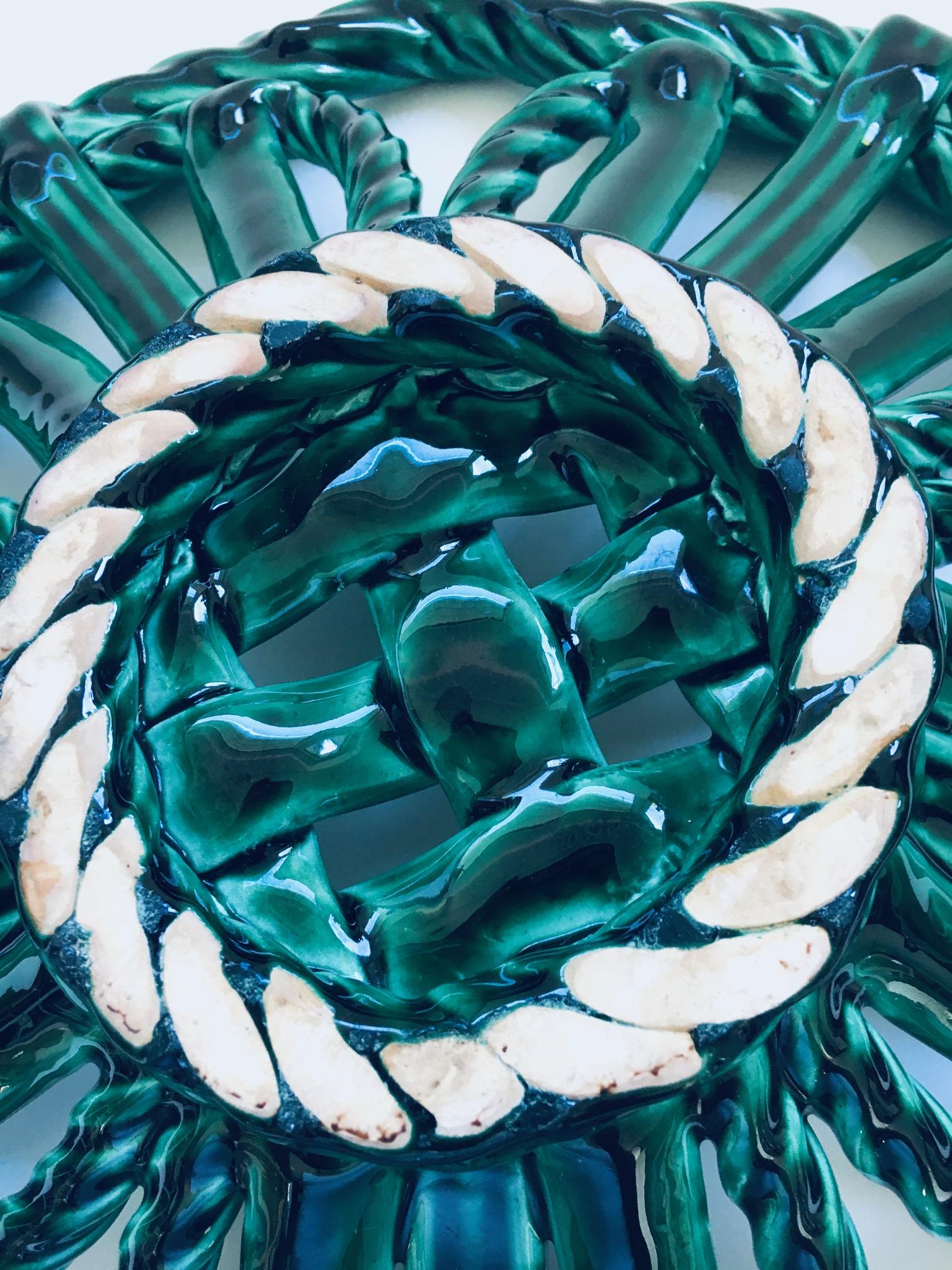 Midcentury Art Ceramics Green Braided Woven Bowl by Vallauris, France 1950's For Sale 3