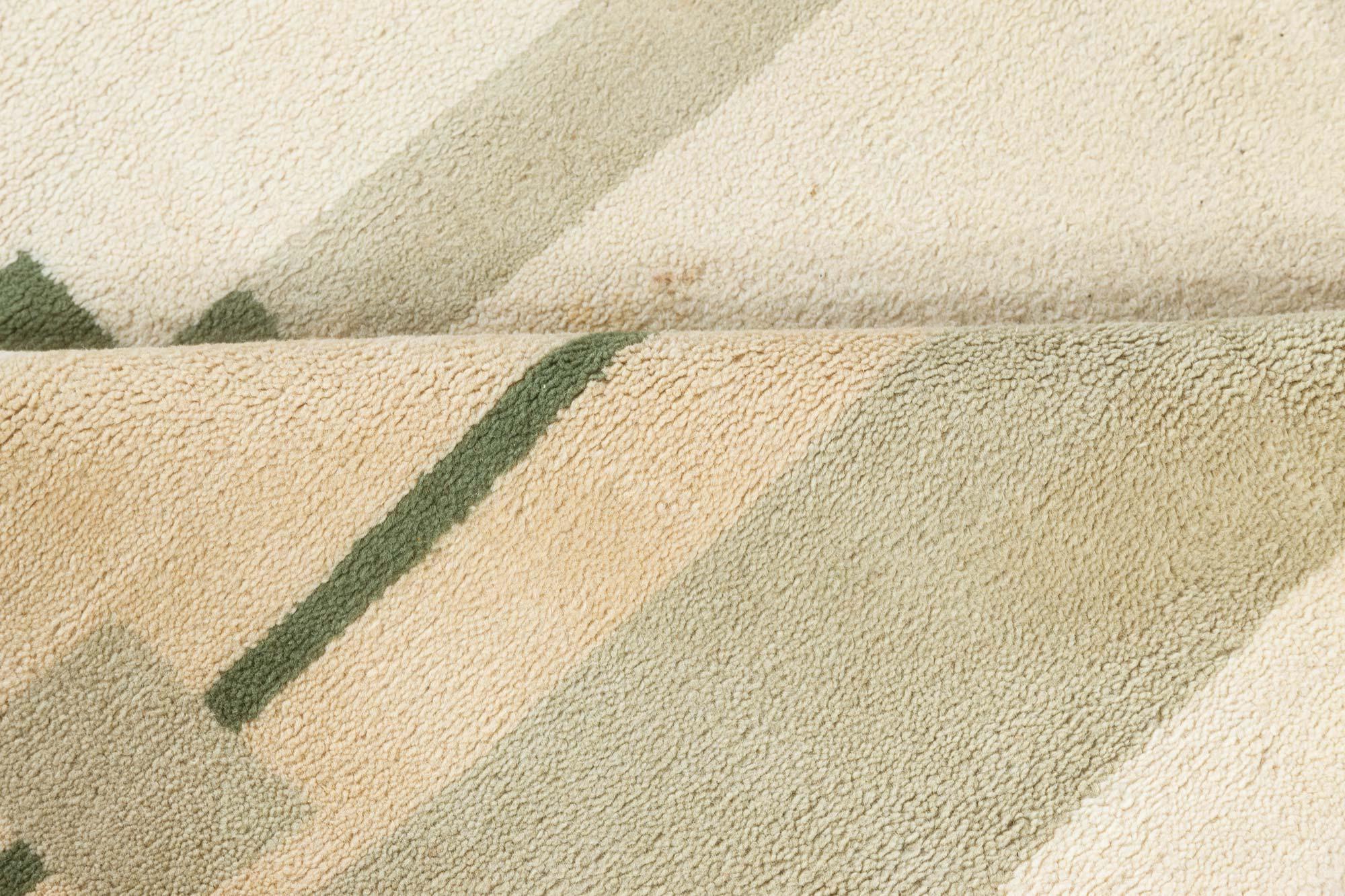Midcentury Art Deco handmade wool rug in beige and green
Size: 8'5
