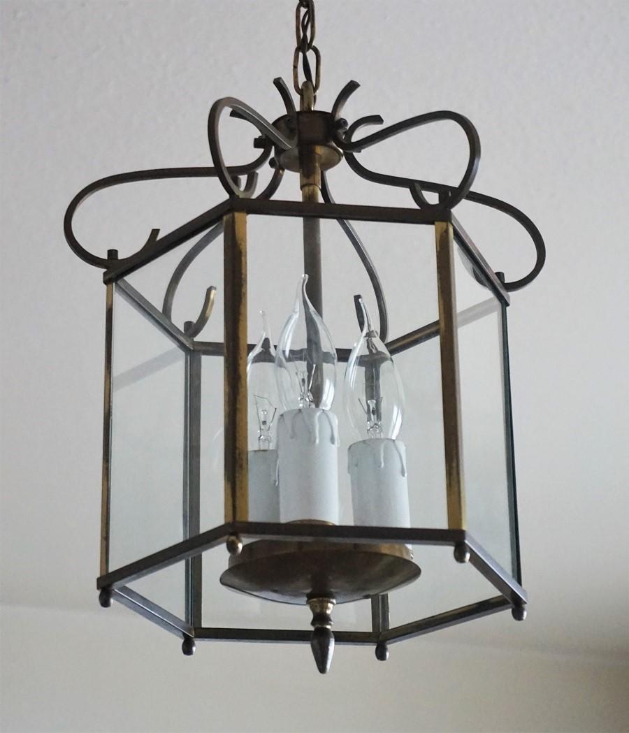 Italian Midcentury Art Deco Hexagonal Brass and Clear Glass Three-Light Lantern For Sale