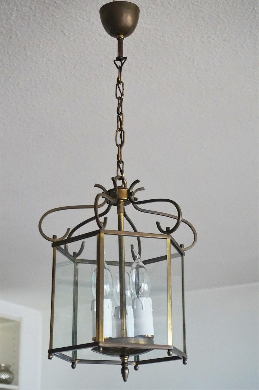 Bronzed Midcentury Art Deco Hexagonal Brass and Clear Glass Three-Light Lantern For Sale