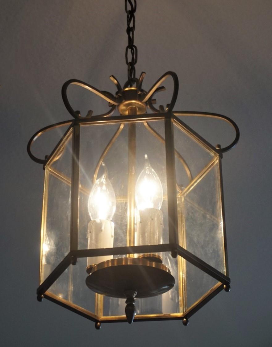 20th Century Midcentury Art Deco Hexagonal Brass and Clear Glass Three-Light Lantern For Sale