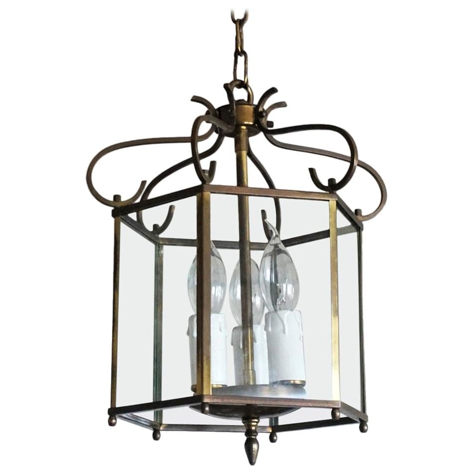 Midcentury Art Deco Hexagonal Brass and Clear Glass Three-Light Lantern