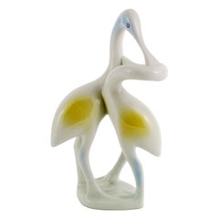 Midcentury Art Deco Hungarian Porcelain Statuette Swans Couple by Holloaza 