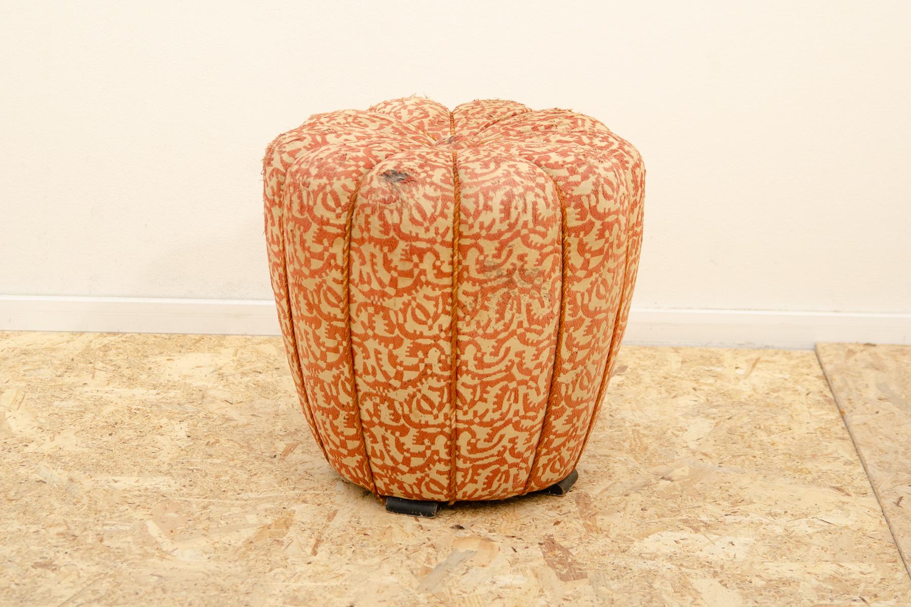 This mid-century pouffe (footstool) was designed by Jindrich Halabala and made by UP Závody in the 1950s. Cool retro chic. The upholstery showing signs of age and using (has a few scuffs in a few places on the seat. Overall is in good preserved