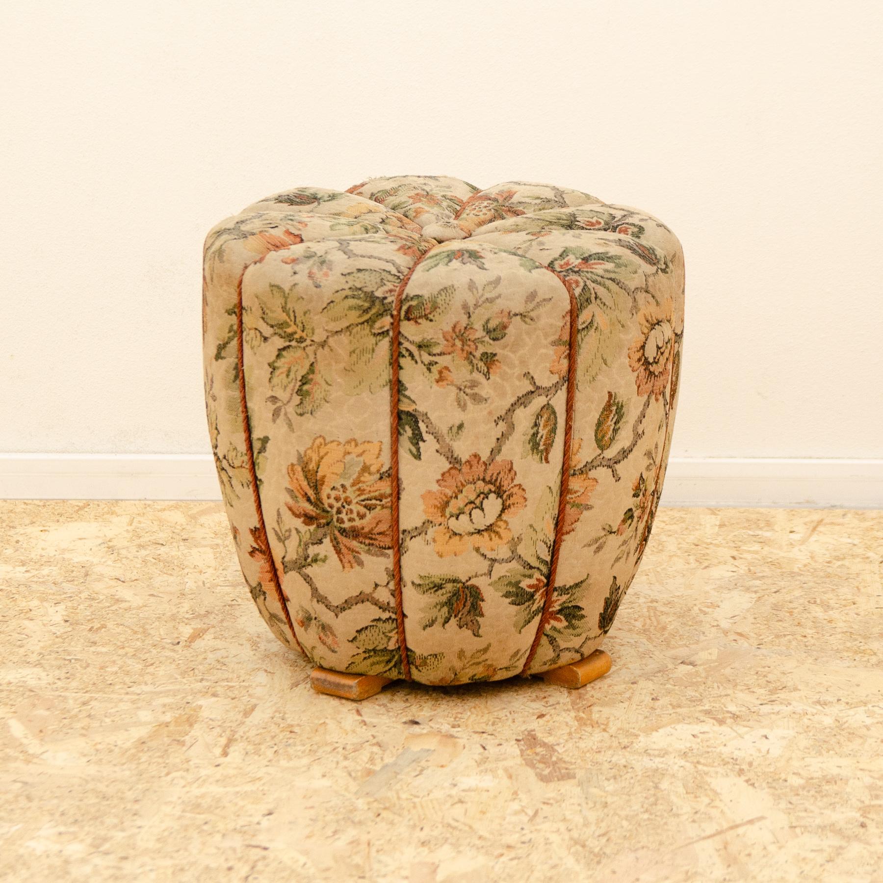 This mid-century pouffe (footstool) was designed by Jindrich Halabala and made by UP Závody in the 1950s. Cool retro chic. The upholstery showing signs of age and using (has a few small scuffs in a few places on the seat). Overall is in good