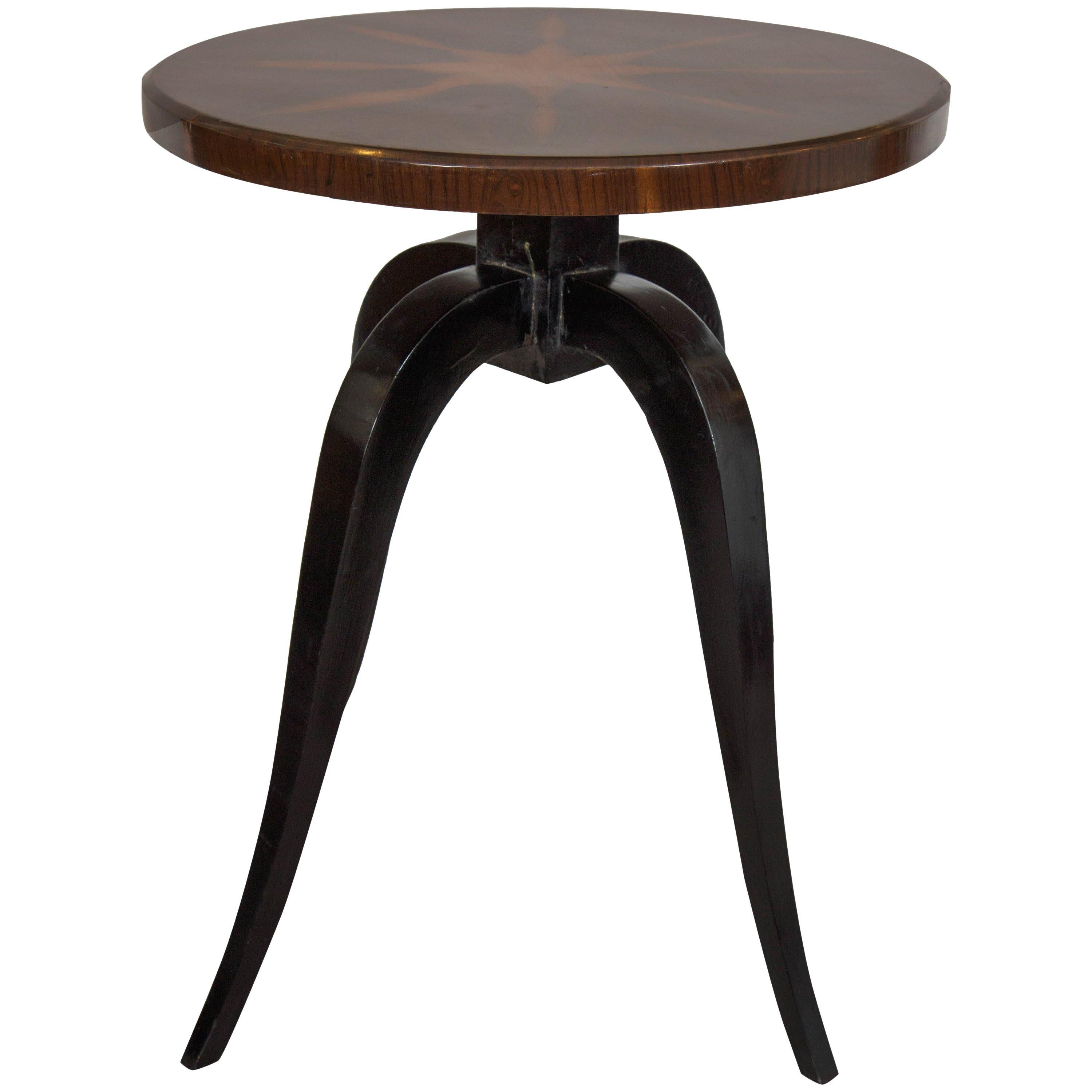 Midcentury Art Deco Side Table with Burl Wood Top and Ebonized Tripod Legs