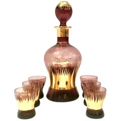 Midcentury Art Deco Style Bohemia Glass Amethyst & 22-Karat Gold Drinks Set of 7