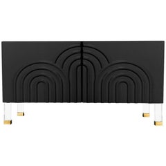 Midcentury Art Deco Style Two-Door Black Credenza with Lucite and Brass Legs