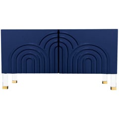 Midcentury Art Deco Style Two-Door Navy Credenza with Lucite and Brass Legs
