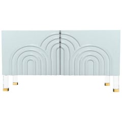 Midcentury Art Deco Two-Door Capri Blue Credenza with Lucite and Brass Legs