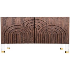 Midcentury Art Deco Two-Door Oiled Walnut Credenza with Lucite and Brass Legs