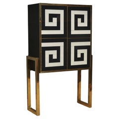 Used MidCentury Inspired Art Glass and Brass Black and White Dry Bar, 1990