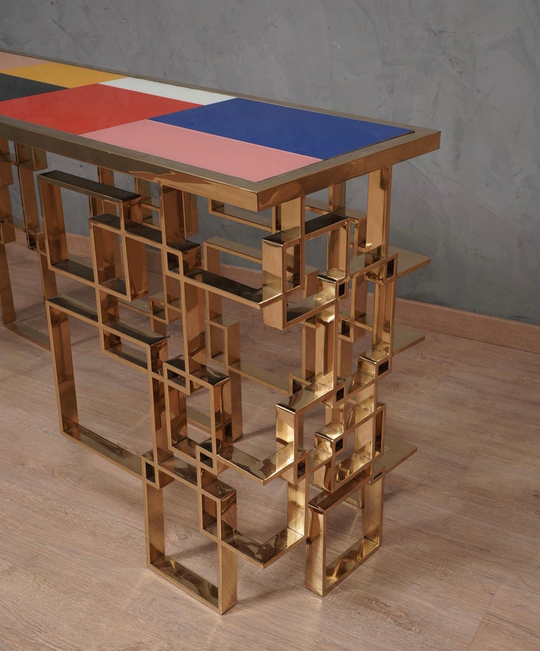 MidCentury art Glass and Brass Console Table, 1980 For Sale at 1stDibs