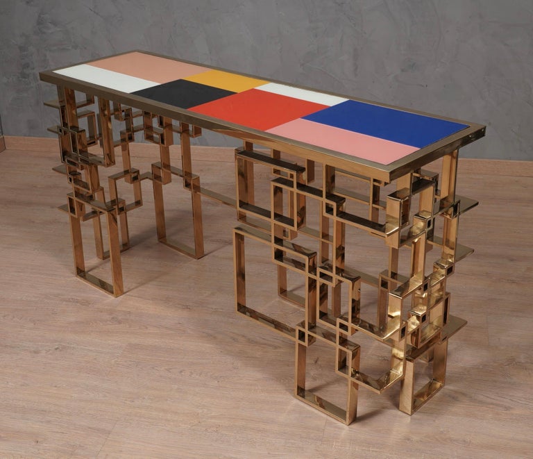 MidCentury art Glass and Brass Console Table, 1980 For Sale at 1stDibs