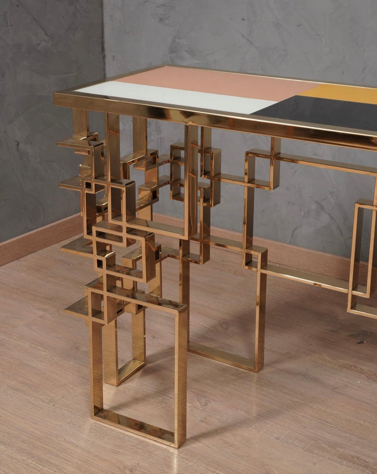 MidCentury art Glass and Brass Console Table, 1980 For Sale at 1stDibs