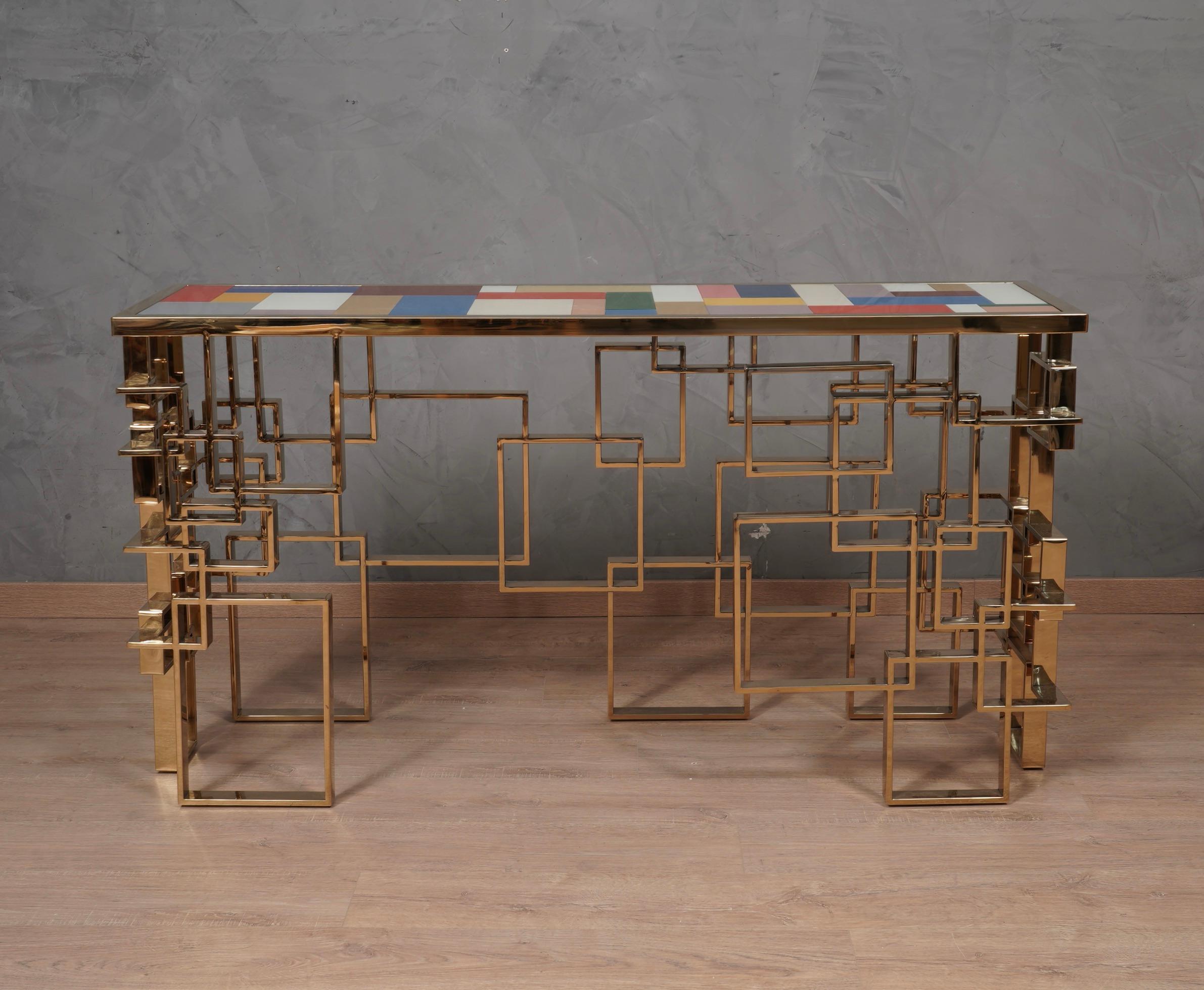 MidCentury Art Glass and Brass Console Table, 1980 For Sale at 1stDibs