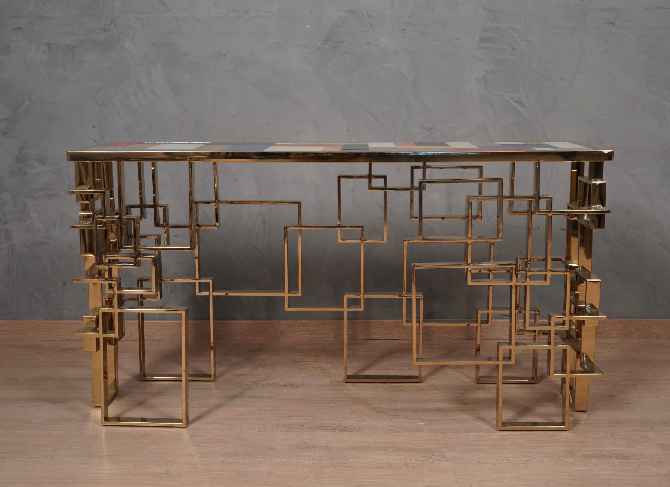 MidCentury Art Glass and Brass Console Table, 1980 For Sale at 1stDibs