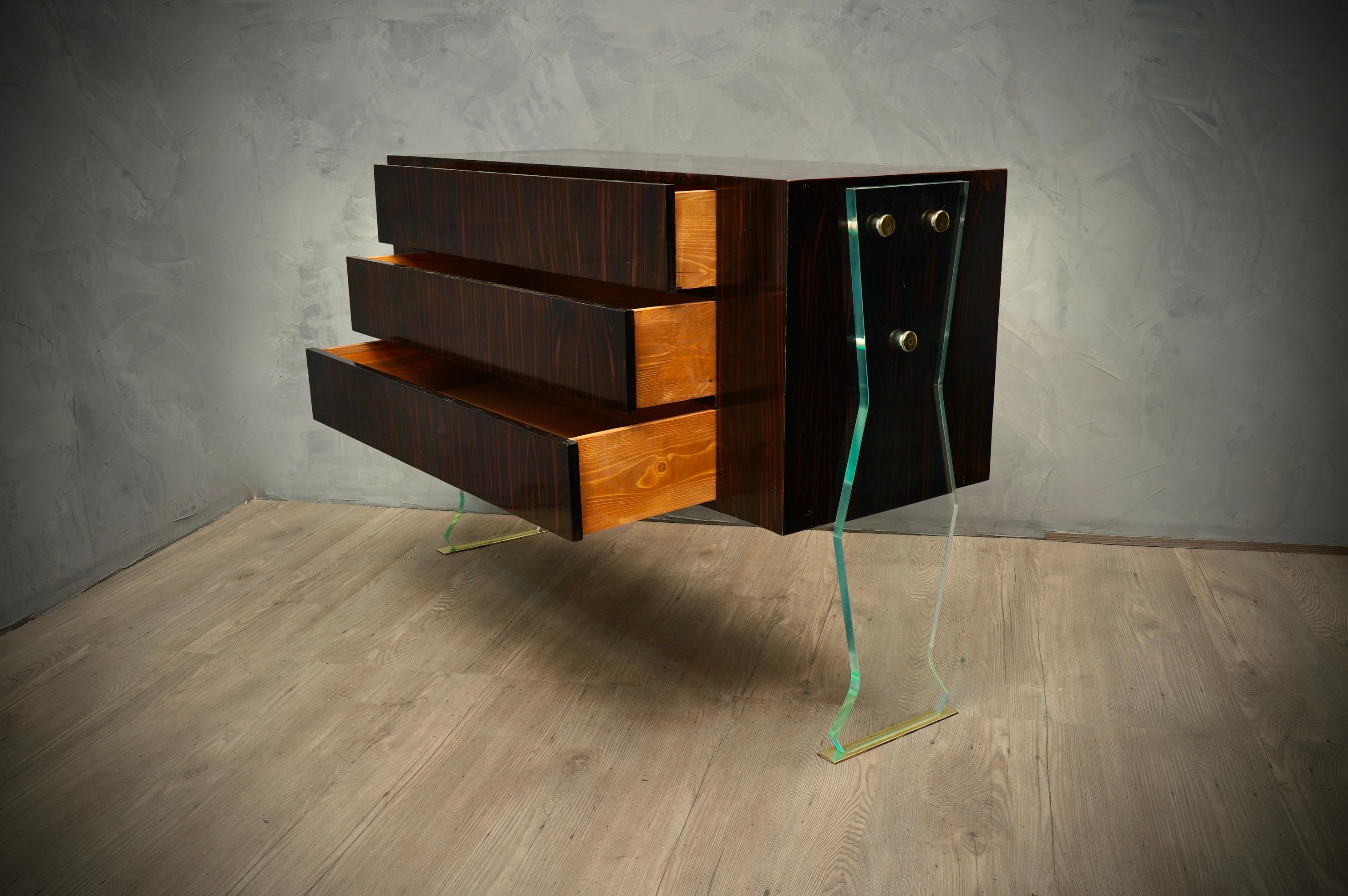 Italian Midcentury Art Glass and Walnut Wood Commode and Chests of Drawer, 1970 For Sale