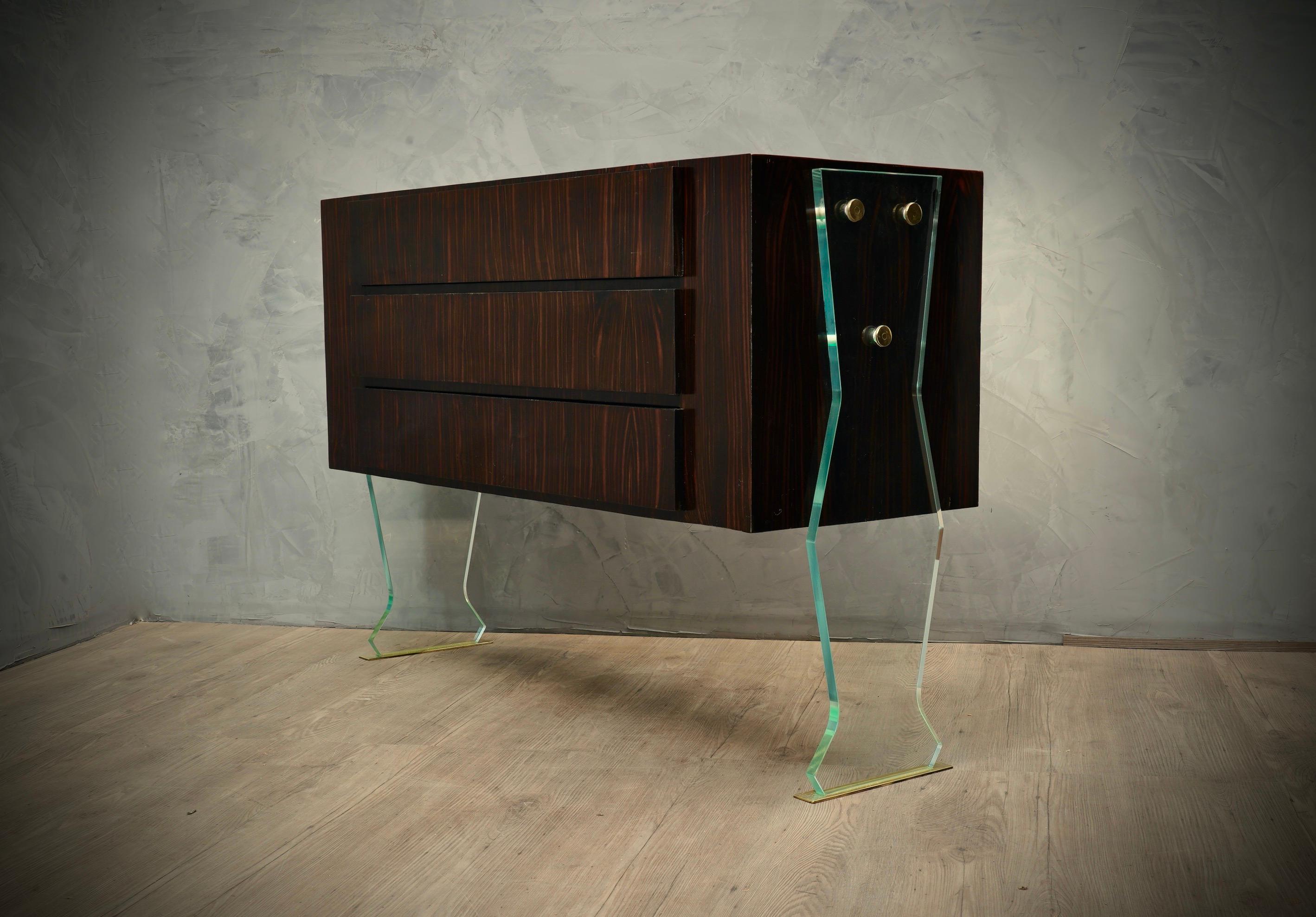 Brass Midcentury Art Glass and Walnut Wood Commode and Chests of Drawer, 1970 For Sale