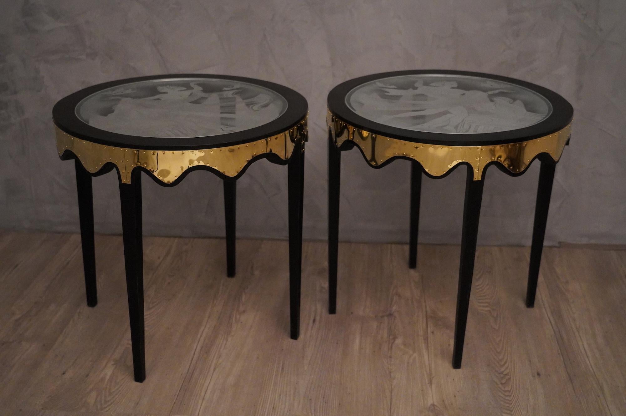 Mid-Century Modern Midcentury Art Glass Black Shellac and Brass Italian Side Tables, 1950 For Sale