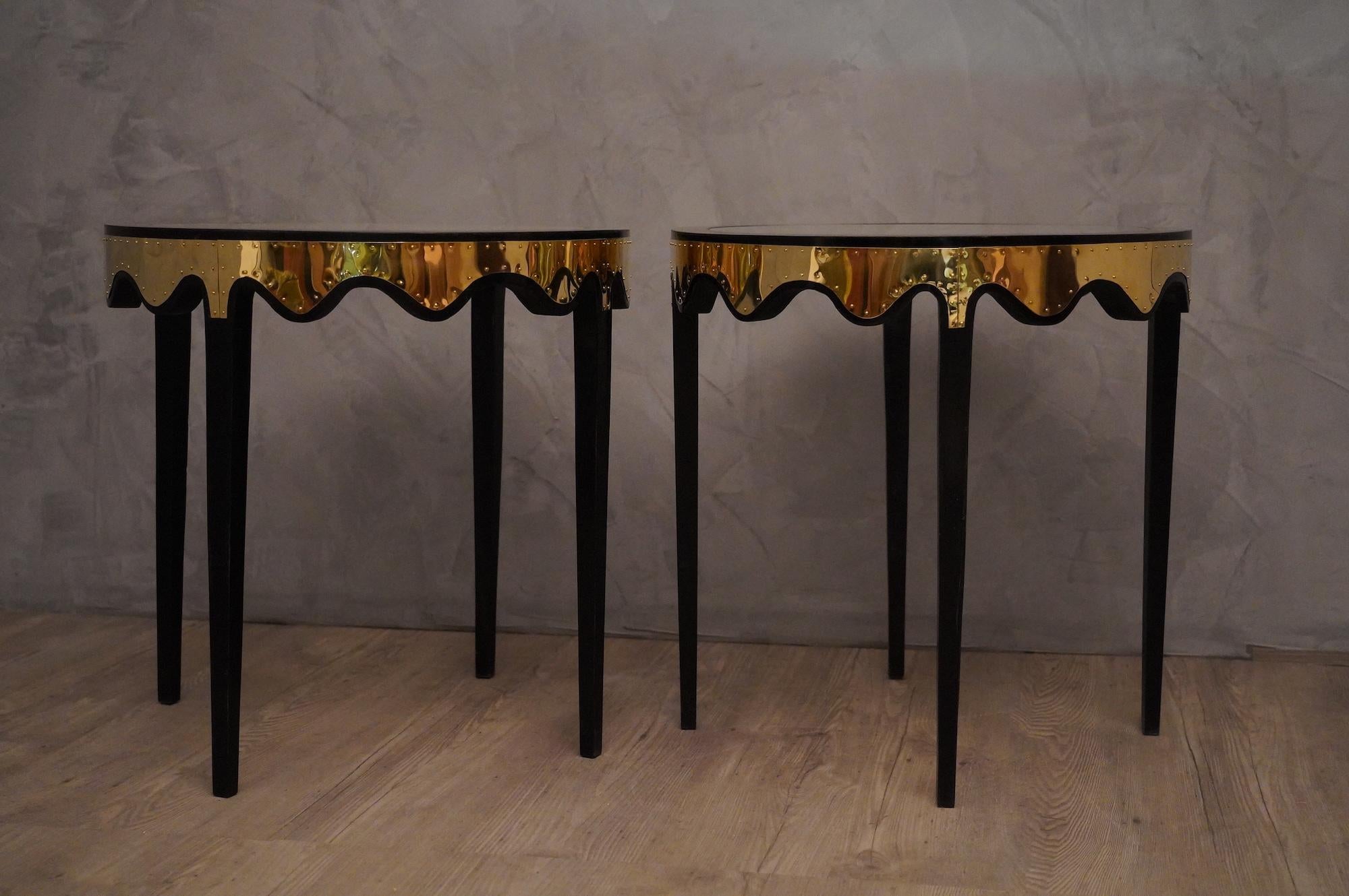 Sandblasted Midcentury Art Glass Black Shellac and Brass Italian Side Tables, 1950 For Sale