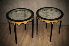 Tavolini da divano in vetro artistico di metà secolo, in ottone e gommalacca nera, 1950