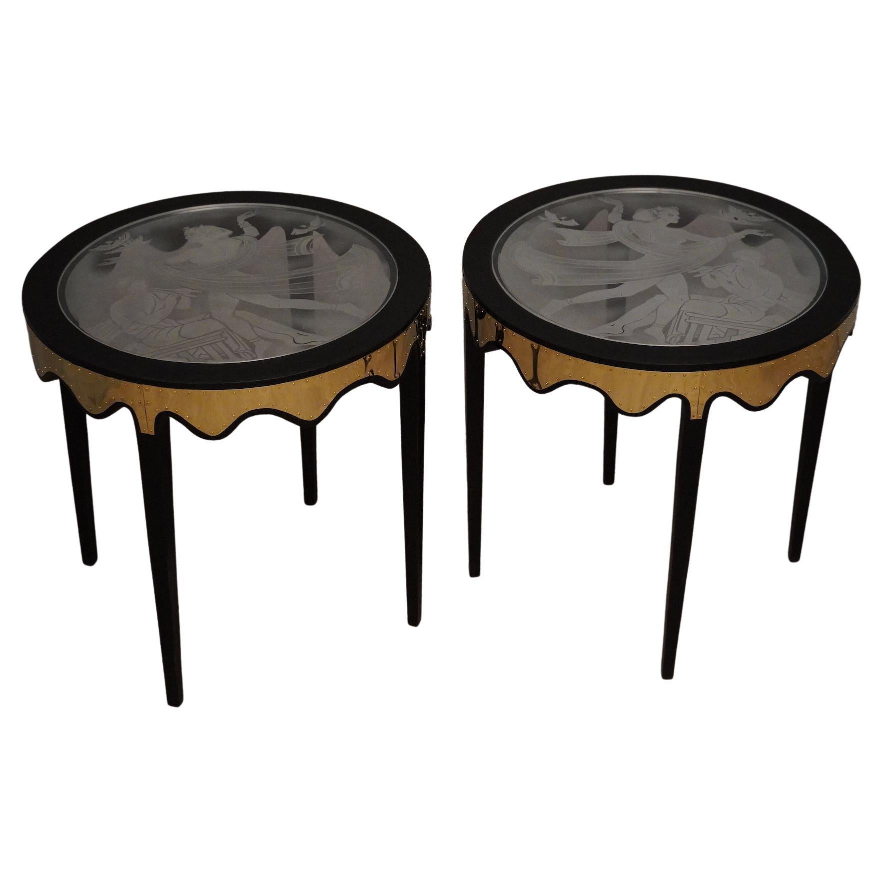 Midcentury Art Glass Black Shellac and Brass Italian Side Tables, 1950 For Sale