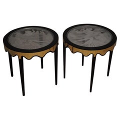 Midcentury Art Glass Black Shellac and Brass Italian Side Tables, 1950